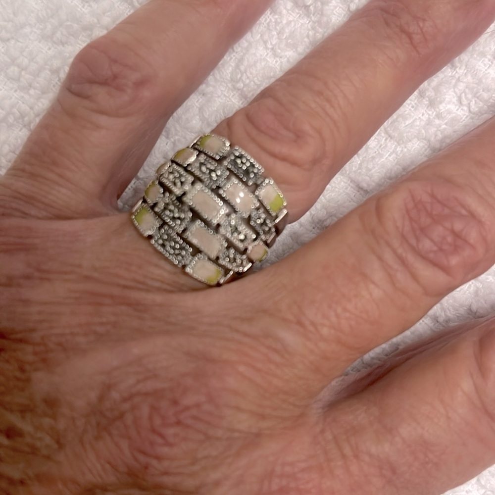 Sterling Silver Multi Stone Ring Pale Pink & Green with tiny Marcasite Size 7